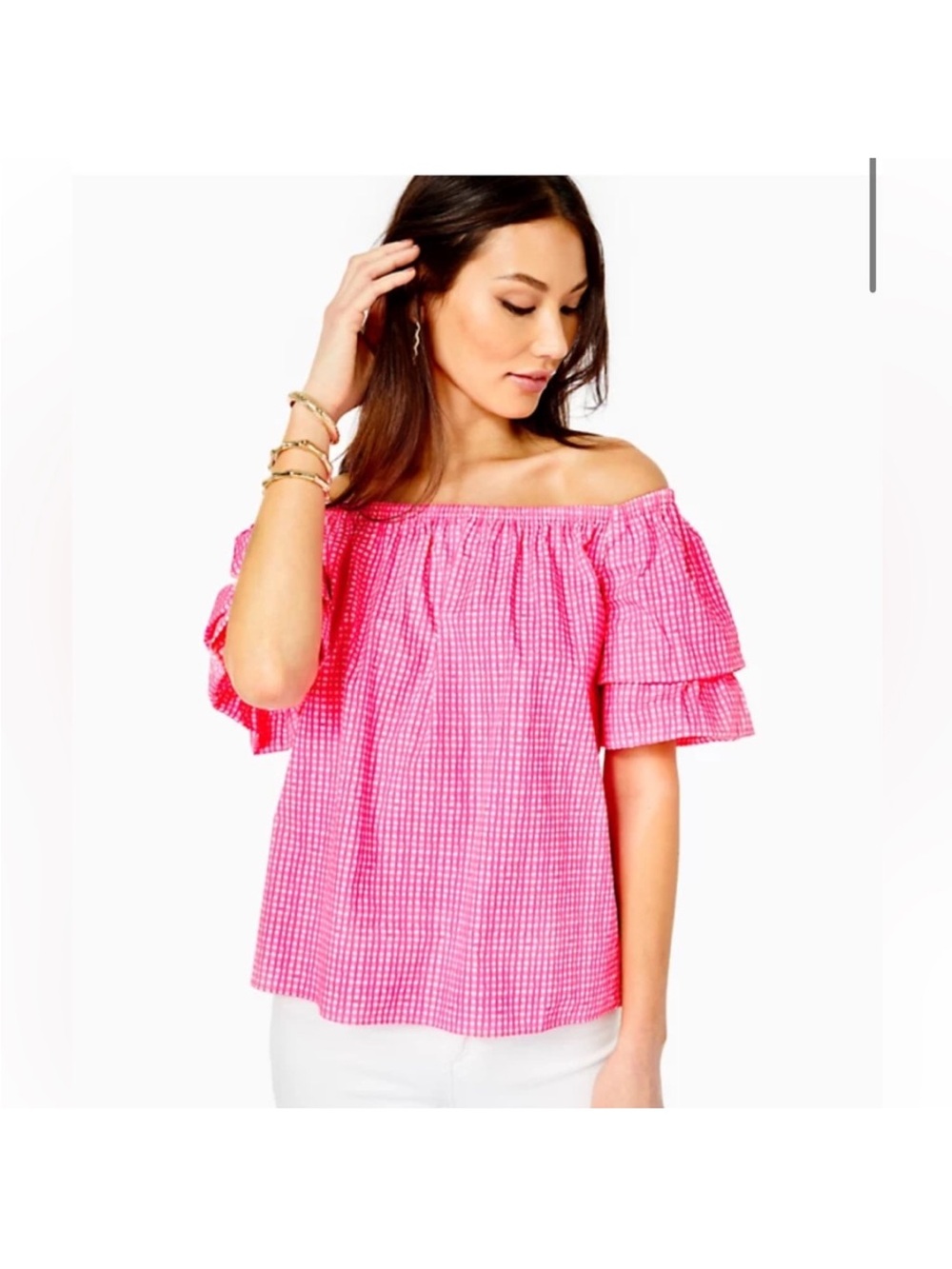 Lilly Pulitzer Hot Pink Frankee Gingham Off-Shoulder Ruffle Top